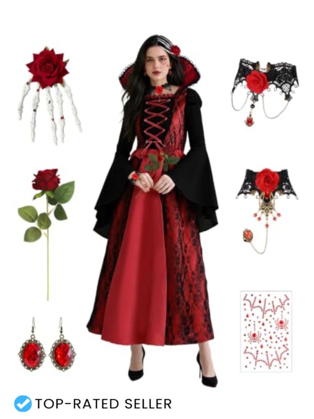 Womens Vampire Costume 8-Piece Set Halloween Cosplay Dress Fangs Medieval